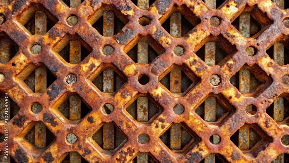 Aufkleber a close-up view of a rusted metal grate with a diamond pattern and circular holes, showcasing the in