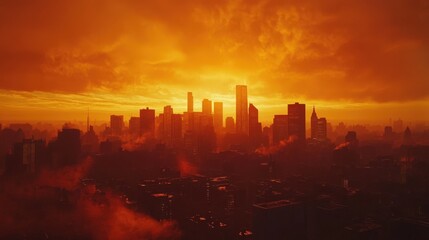 Fototapeta premium A dramatic city skyline at sunset, bathed in fiery orange glow with silhouetted skyscrapers against a vibrant sky.