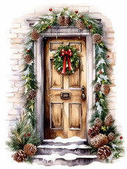 generated illustration of  Christmas home decoration, Christmas wreath on the door in winter.