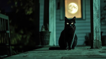 A black cat sitting on a porch at night, its glowing eyes reflecting the light of a full moon