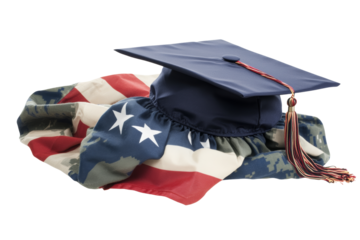 Graduation cap on an American flag backdrop, symbolizing achievement and patriotism.