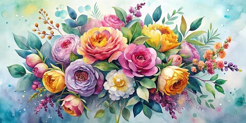 A Delicate Watercolor Painting Featuring a Lush Bouquet of Roses and Other Blooms in Vibrant Hues Against a Soft Blue and Green Background