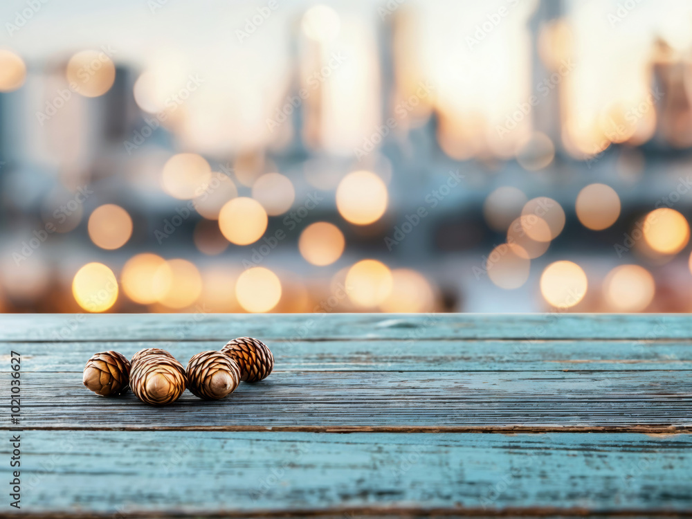 Poster Pine cones resting on an empty wooden table with city lights bokeh