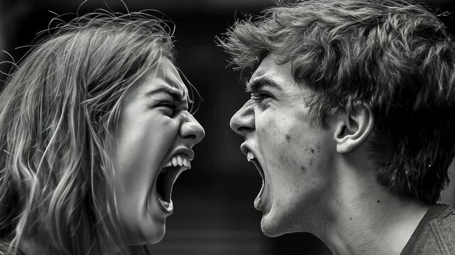 A passionate confrontation between a young Caucasian man and woman, both screaming. Shot in black and white, the scene captures the emotional intensity and dynamics of their dispute.