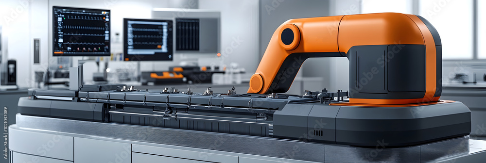 Poster sophisticated robotic arm in an advanced,computerized industrial manufacturing setting showcasing th
