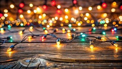 Warm Glow of Festive Lights on Rustic Wooden Surface