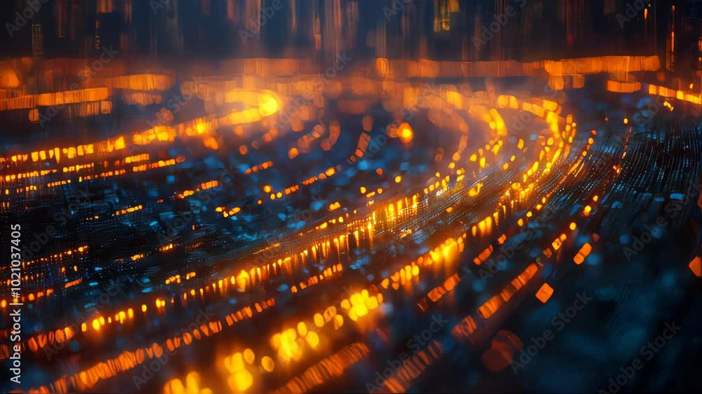 Poster futuristic data flow visualization with dynamic orange and blue lights