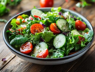 Fresh and vibrant garden salad with crisp vegetables in a rustic bowl on a wooden table.
