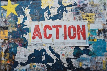 A graffiti wall with a sign that says "action" in red letters