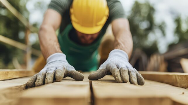 A construction worker in a hard hat and gloves, focused on woodwork, showcasing dedication and craftsmanship in a natural setting.
