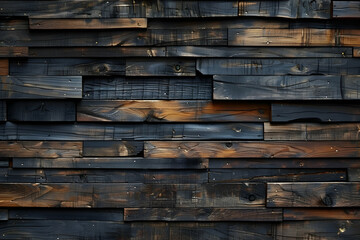 Dark brown wooden wall background with dark wood planks, a rustic interior design backdrop for product photography.