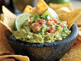 Delicious freshly prepared guacamole with lime and tortilla chips in a rustic bowl.