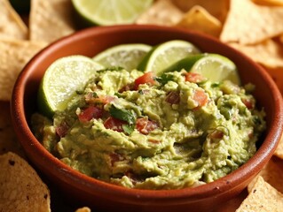 Delicious guacamole in a rustic bowl with lime slices and tortilla chips.