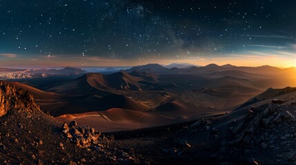 Obraz premium A breathtaking panoramic view of mountains under a starry sky at sunset.