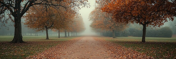 Obraz premium A fog-engulfed pathway leads through an autumn landscape, lined with trees shedding vibrant leaves, creating an atmosphere laden with mystery and introspection.