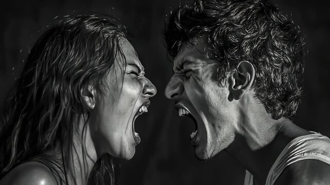 A male and female in an intense verbal altercation, captured in black and white. Faces contorted in rage under harsh lighting. Dynamic representation of conflict and emotional distress.