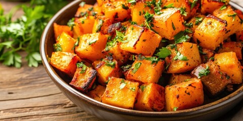 Delicious roasted butternut squash cubes garnished with fresh parsley.