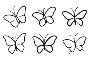 A hand-drawn butterfly depicted in line art style, set against a white background, rendered in black and white.