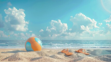 Obraz premium Summer vacation concept: flip-flops, beach ball, and snorkel on the sand.