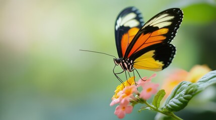 Fototapeta premium Vibrant butterfly perched delicately on a colorful flower in a serene garden setting.