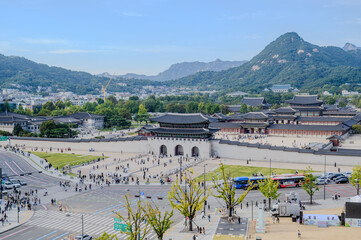 Aerial panoramic of Gyeongbokgung palace and the Blue House , Seoul, South Korea