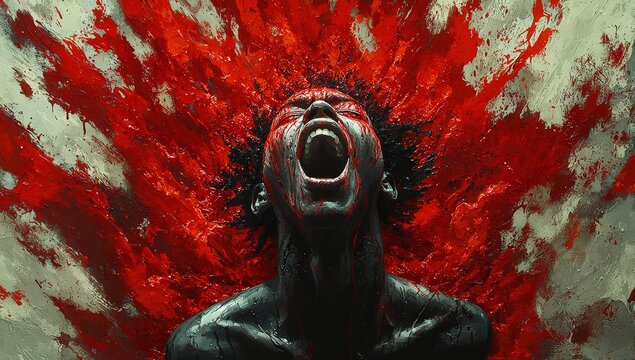 African man with his head exploding in red paint, screaming
