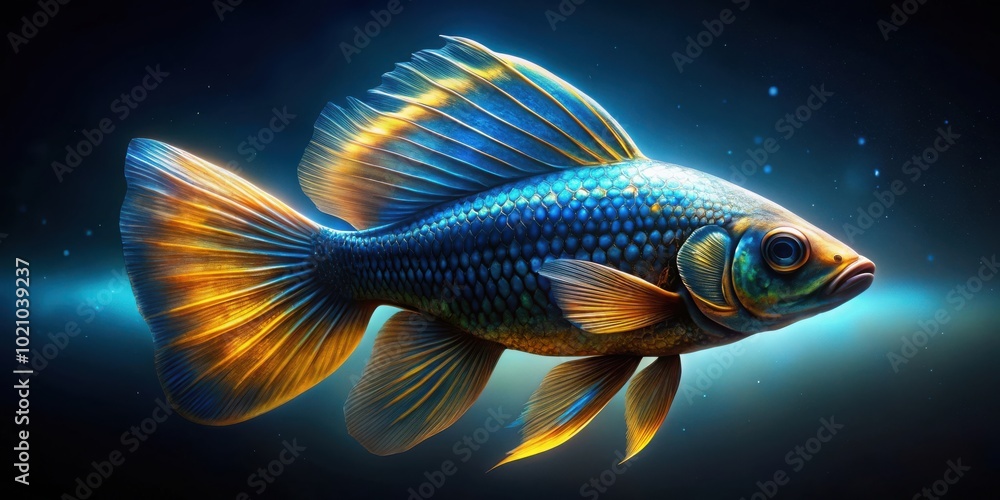 Aufkleber a strikingly detailed fish with a blue and gold gradient and intricate scales swims through a deep b