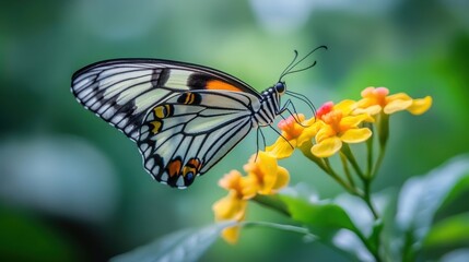 Fototapeta premium Vibrant butterfly perched on vivid yellow and orange flowers in a lush garden setting.