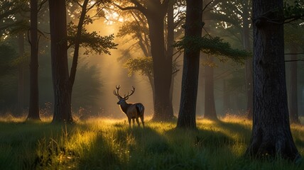 A majestic deer stands in a sunlit clearing in a misty forest.