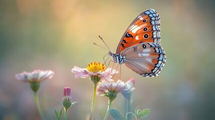 Obraz premium A vibrant orange butterfly rests delicately on a pink daisy in a serene garden setting.