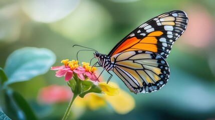 Fototapeta premium Vibrant monarch butterfly perched delicately on colorful flowers in a lush garden setting.