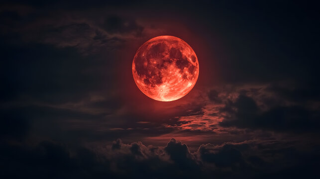 Red Moon Real / Full Blood Moon on Black Sky: A real image of a full blood moon against a dark, black sky, with selective focus highlighting the moon's details.