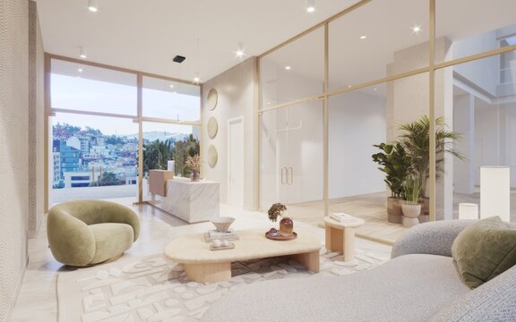 Lobby con sala de espera de edificio vista a la ciudad, 3d render
