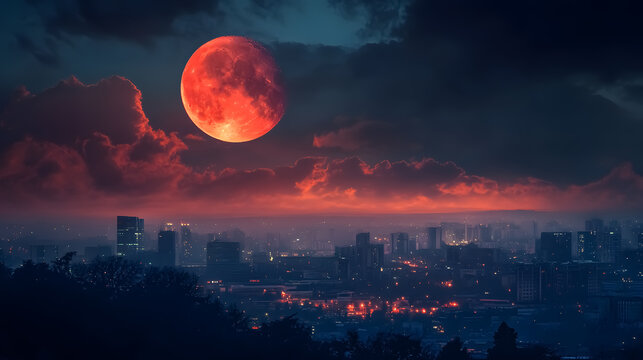 Red Moon Above Skyline: The red moon shining above a city skyline on a cloudy evening. - Powered by Adobe