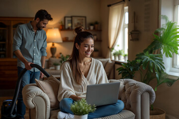 In a cozy living room, a man vacuums while his wife happily works on her laptop, highlighting a reversal of traditional gender stereotypes in household roles.