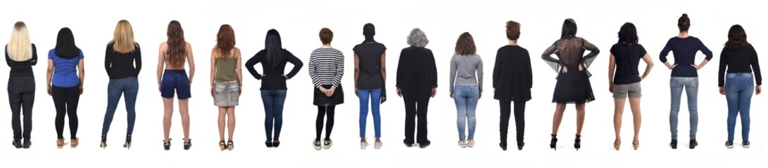 Obraz premium large group of back view of women standing on white background