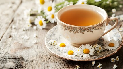 A cup of herbal tea with chamomile flowers on the saucer, sitting in an elegant teacup