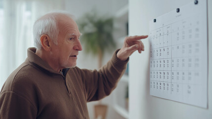 Fototapeta premium An elderly man looking at wall calander date. suffering from forget Alzheimer disease, dementia concept. 