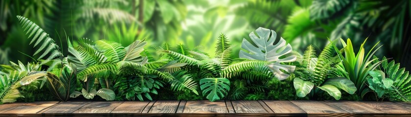 3D wooden surface podium with vibrant lush greenery in the background, perfect for nature-inspired designs and product photography.