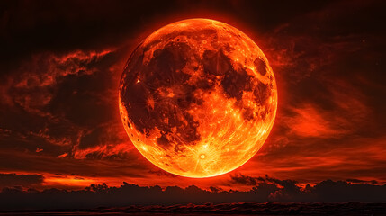 Red or Blood Moon, Full Moon Eclipse 2018: Astronomical image of the red moon during the full moon eclipse in 2018, showing the moon in its full eclipse phase.