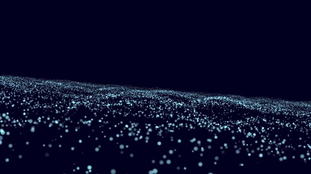 Cloud computing animation with flowing data particles and neon effect. DIgital code transfer technology concept on the dark blue background. Download and upload idea.