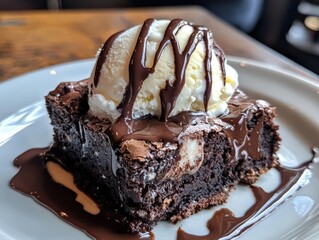 Decadent chocolate brownie topped with vanilla ice cream and rich chocolate drizzle.