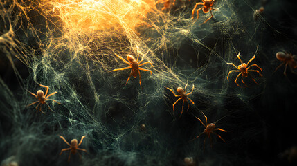 Elaborate Halloween Wallpaper Design Showcasing Intricate Cobwebs and Spooky Spiders on a Dark Backdrop