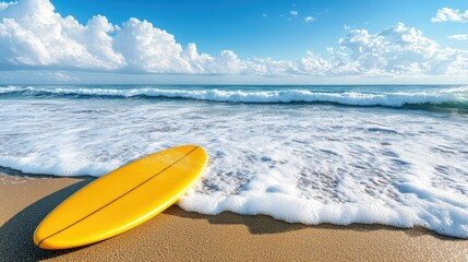 A bright yellow surfboard resting on the sandy beach, with the ocean waves crashing nearby.