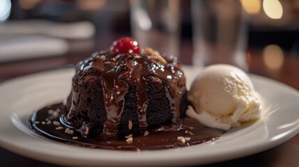Delicious chocolate lava cake with a cherry on top, served with vanilla ice cream.