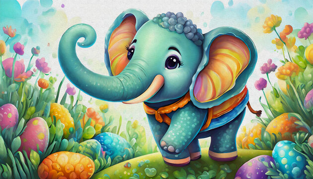 OIL PAINTING STYLE CARTOON CHARACTER ILLUSTRATION A closeup photo portrait of handsome a cute baby elephant  wits Easter colored eggs