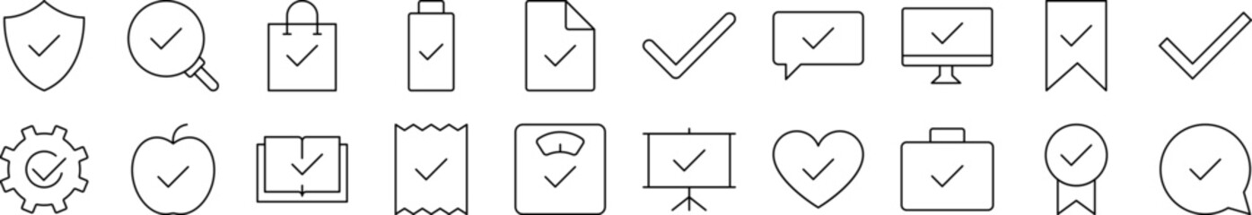Checkmark on Various Elements Simple Icon Collection. Editable Stroke. Perfect for Infographics, Articles, Books, Flyers, Banners