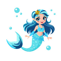 Сute sea mermaid with a star in her hair and a pendant in monochrome blue in a cartoon style. The sea princess. Vector illustration for a party invitation, greeting card, poster, print.
