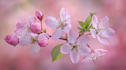Obraz premium Delicate pink cherry blossoms in full bloom against a soft, blurry background.