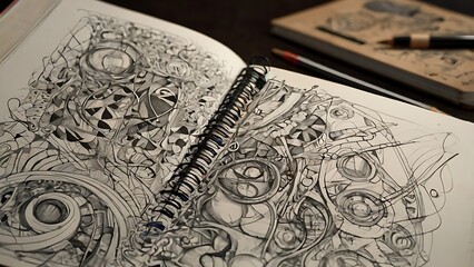 A sketchbook filled with abstract doodles, lines, and spontaneous designs, reflecting the creative freedom of mind wandering and innovation.